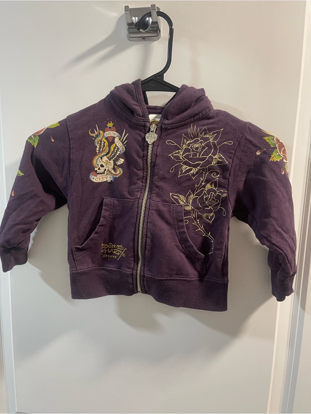 Ed Hardy Kids Dark Purple Zip Hoodie with Floral & Skull Art
